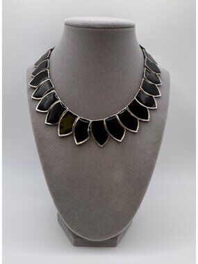 Vintage Black Enamel Silver Tone Bib Collar Necklace Statement Modernist Heavy
